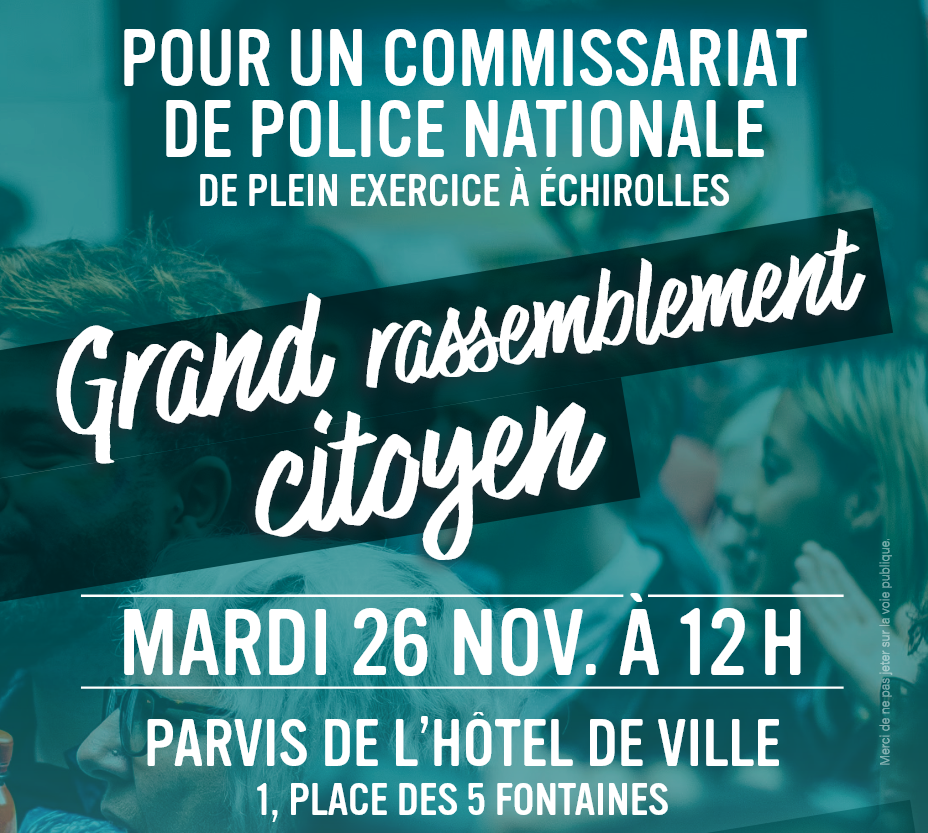 Texte "grand rassemblement citoyen" avec une photo de personnes rassemblées