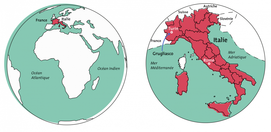 Mappemondes permettant la localisation de la France et de la ville de Grugliasco