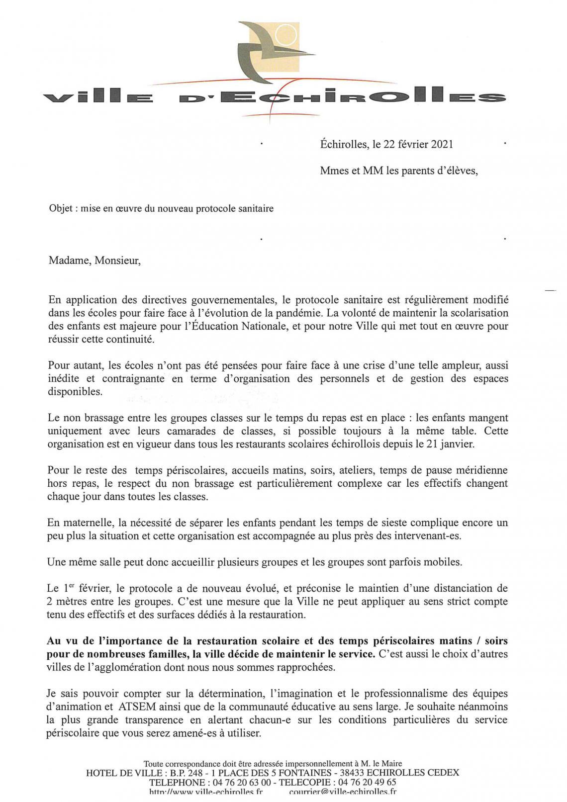 Courrier du maire au famille, en date du 22/02/21 concernant le nouveau protocole sanitaire.