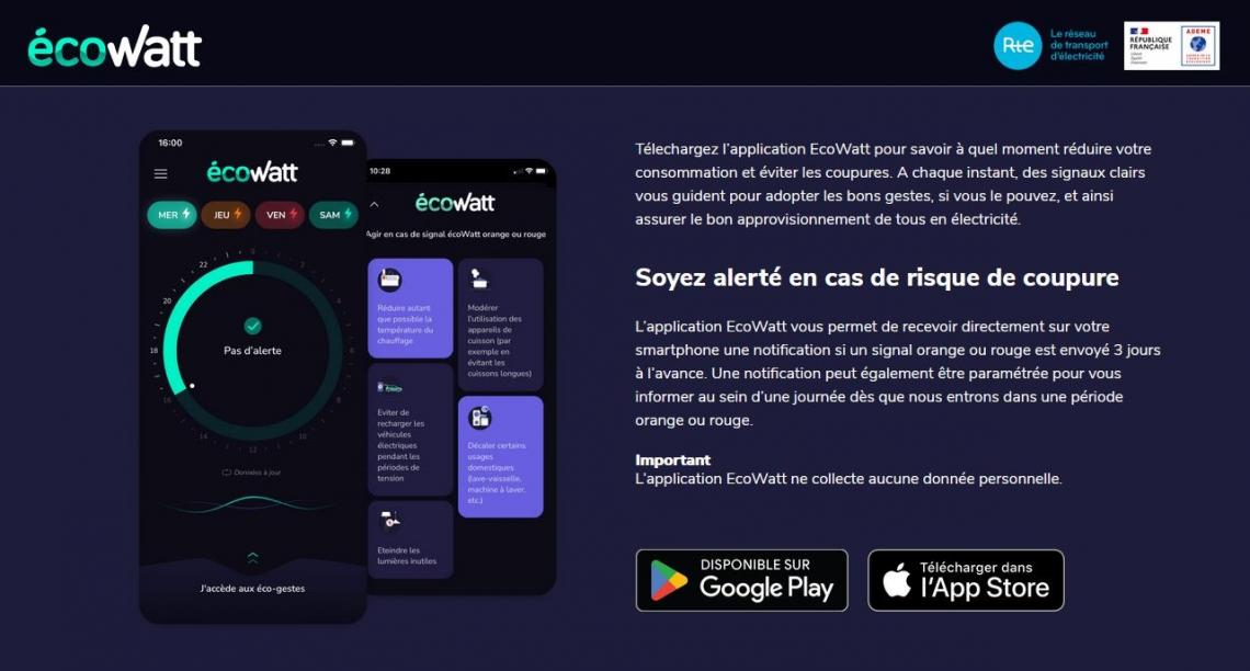 Une capture d'écran de la présentation de l'application EcoWatt