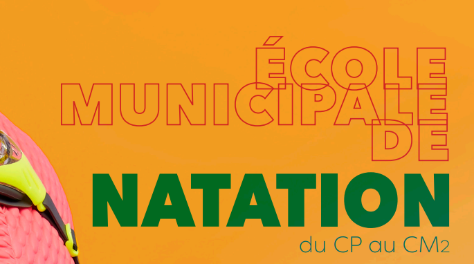 Image avec fond orange, un bonnet de bain et des lunettes et un texte disant "Ecole municipale de natation"