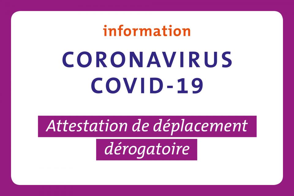 Texte "Attestation de déplacement dérogatoire" écrit en plein milieu d'une image. L'image est délimitée par un cadre violet.