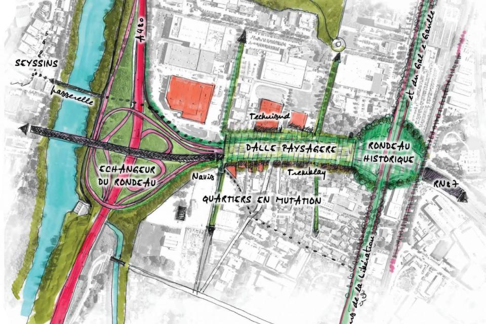 Carte qui présente le futur aménagement du Rondeau.  On y distingue l'installation d'une dalle paysagère sur tout un espace de circulation.