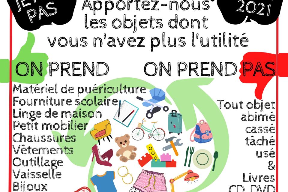 Affiche de l'Opération Régie Récup' de Pro'Pulse. Apportez-nous les objets dont vous n'avez plus l'utilité. Horaires de dépot du lundi au vendredi de 9h à 16h, 13 rue clément Ader à échiolles. En juillet et août 2021