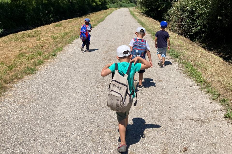 Des enfants sont en balade sur une route, on devine la forêt autour d'eux