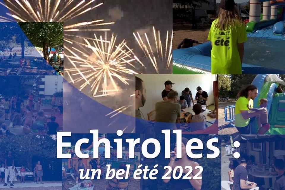 Mosaique de photos prises lors de temps d'animation pendant l'été 2022 à Échirolles : feu d'artifices, Cap sur les parcs, etc.