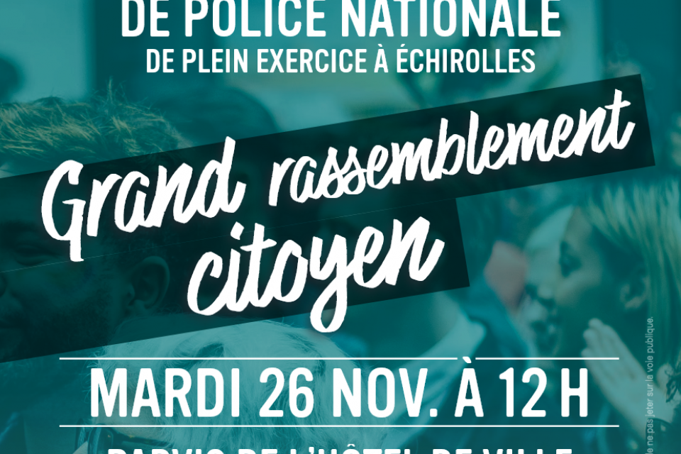 Texte "grand rassemblement citoyen" avec une photo de personnes rassemblées